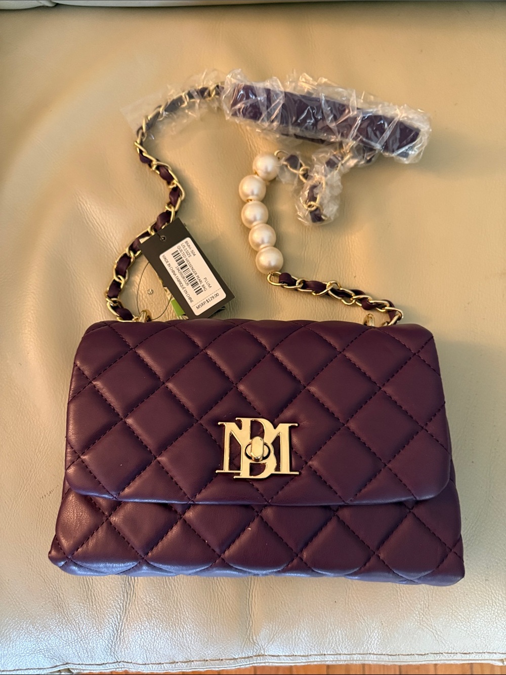 Badgley Mischka Quilted Purple Chain Shoulder Bag with Pearl Detail